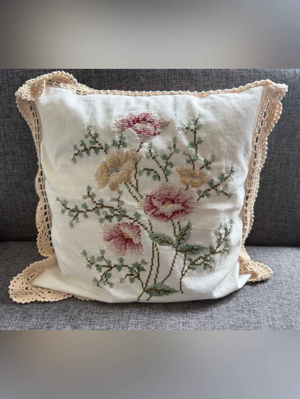 Vintage Floral Cross Stitch Pillow Cover Crochet Lace Trim 16x16